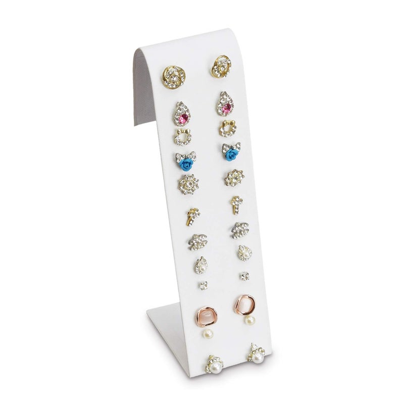 MOOCA Premium White Leatherette Adjustable Earring Display Stand Showcase Jewelry Stands for 12 Pairs of Earrings, White, 2 W x 2 7/8 D x 6 5/8 H in, White Faux Leather - Image 1